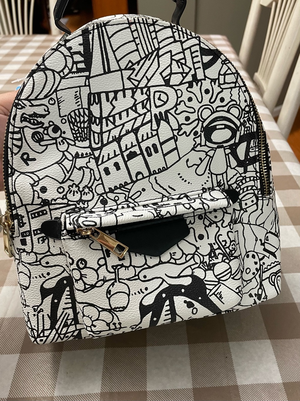 The Moon and Penny Doodle Graphic Print Mini Backpack - Black & White